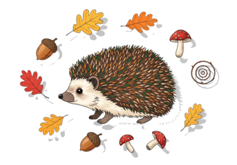 A charming hedgehog surrounded by colorful autumn leaves, acorns, and mushrooms, set against a striking black background.