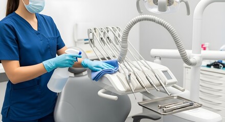 Dental hygienist disinfecting equipment with spray and cloth, ensuring a clean and safe environment for patients in a modern dental clinic