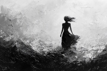 Fototapeta premium A woman in a black dress walks into a stormy grayscale landscape, her hair blowing in the wind.