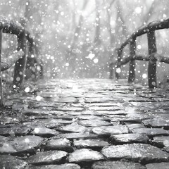 Falling Snow on Wooden Path Winter Scene