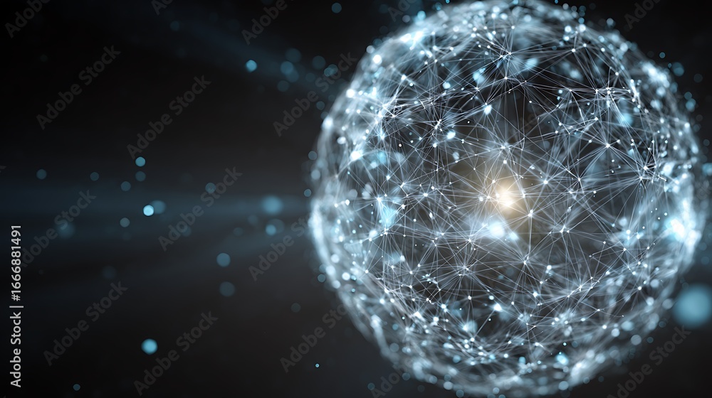 Poster abstract digital network sphere with glowing light connections representing technology and data