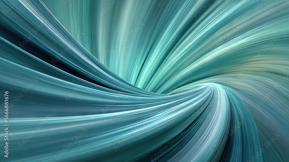 Poster dynamic abstract swirl in teal and aqua tones with flowing curved lines, futuristic vortex-inspired 