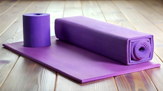 Purple yoga mat and rolled mat on wooden floor