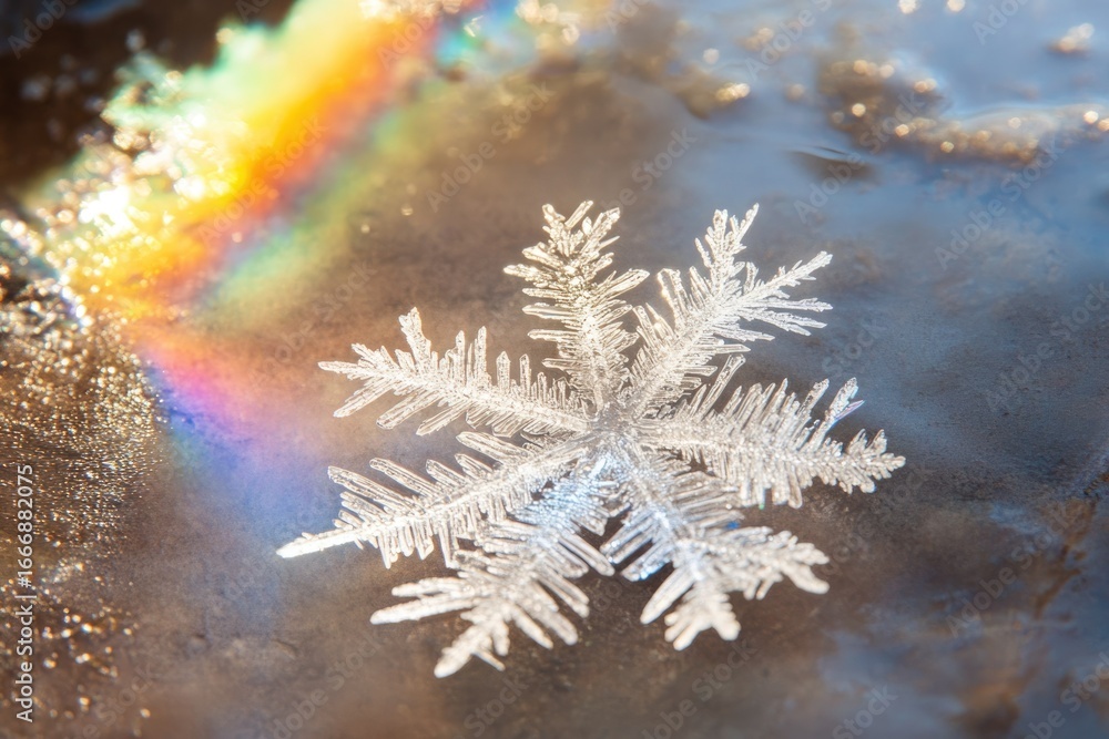 Poster a delicate snowflake rests on a frozen surface, illuminated by a vibrant rainbow refraction.