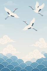 Fototapeta premium elegant cranes flying gracefully over stylized ocean waves under a serene blue sky with fluffy clouds
