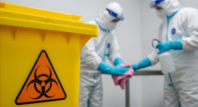 Two healthcare workers in hazmat suits disinfect a room, one wiping a surface with a cloth and the other holding a spray bottle. - Powered by Adobe