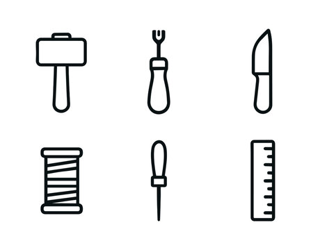 vector outline icons leatherworker (bench tools): mallet edge beveler knife thread spool awl ruler.