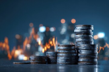 Stacks of coins against a blurred cityscape background with financial charts