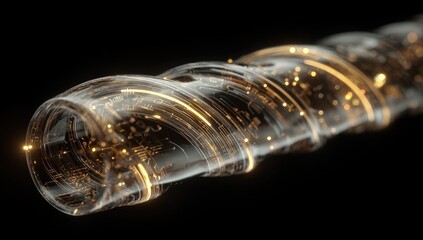Abstract, glowing, tubular form with swirling, translucent elements.  Golden, luminous lines and particles wrap around a cylindrical shape.  Black background