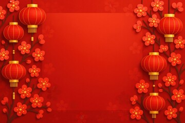 chinese new year celebration with red lanterns and cherry blossoms creating festive atmosphere