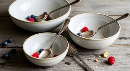 Rustic ceramic bowls filled with fresh blueberries and raspberries, styled on a wooden table with vintage spoons. Perfect for food blog, recipe website, or healthy eating content.