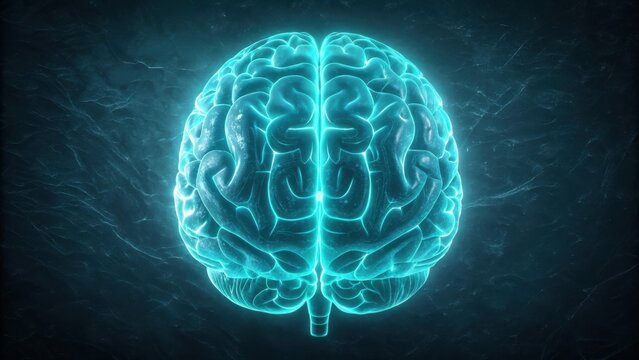 Glowing neon blue human brain anatomy top view digital art concept for science and technology