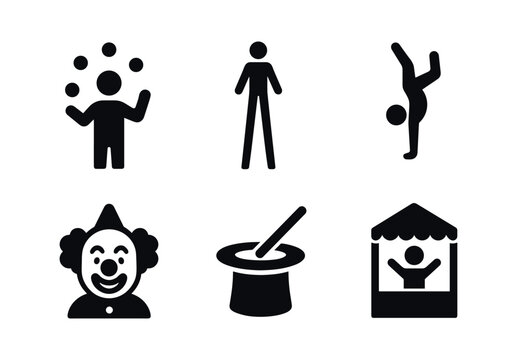 vector solid black filled icons seasonal fair (performers): juggler icon stilt walker acrobat silhouette clown face magician hat puppet stage.