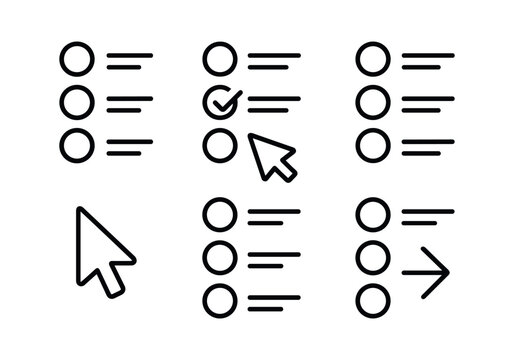vector outline icons customer satisfaction survey (multiple choice): radio buttons option labels list lines cursor click submit arrow shadow smear.