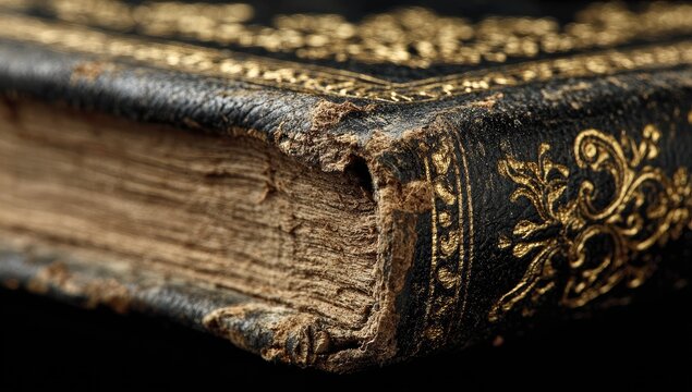 Close-up of antique book's edge. Aged leather cover, showing gold ornamentation and worn, cracked, and darkened pages