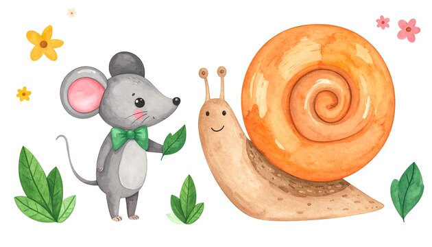 Mouse and snail watercolor illustration