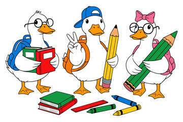 Goose Back To School Svg. Three cute cartoon geese characters getting ready for school with backpacks, books, pencils, and crayons, a fun and playful vector illustration for kids and education themes.