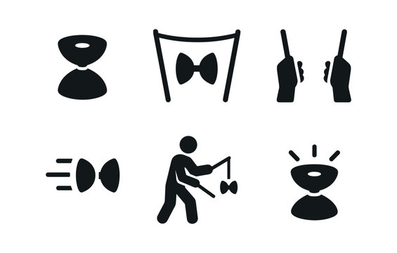 vector solid black filled icons diabolo tricks (single toss): spinning diabolo string taut sticks in hand motion blur focused stance bright colors.
