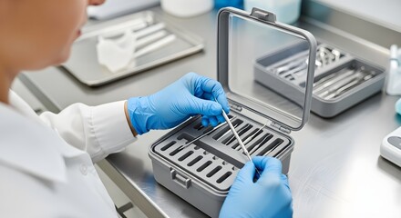 Dental hygienist meticulously organizes sterilized instruments in a case, ensuring preparedness for patient care in a modern dental clinic.