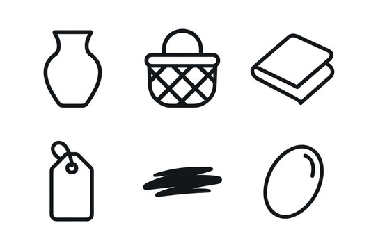 vector outline icons Artisan market (handmade goods): pottery icon woven basket fabric fold tag string shadow smear highlight rim.