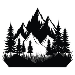 Obraz premium Minimalist Black and White Mountain Range with Evergreen Trees Silhouette Illustration
