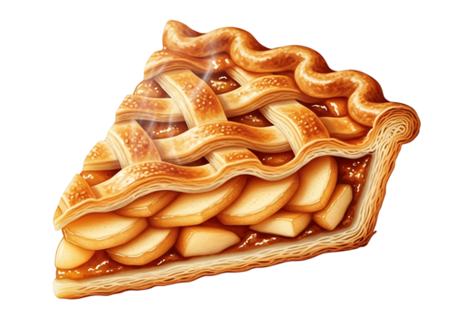 A delectable slice of warm  pie, showcasing intricate lattice pastry and glistening filling, against a dark background.