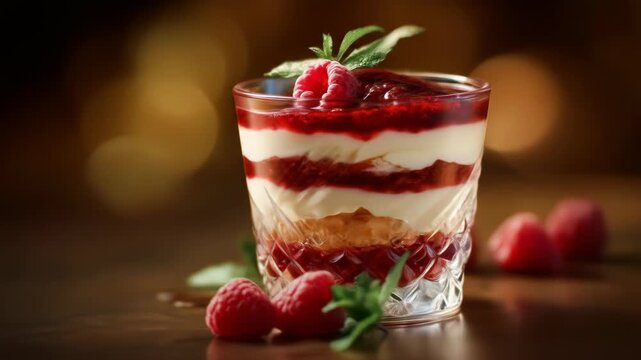 Layered dessert in patterned glass topped with raspberry & mint leaves