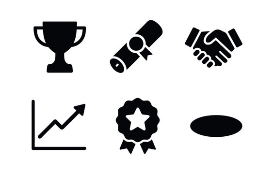 vector solid black filled icons established adulthood (career milestone): trophy icon certificate scroll handshake chart line badge star shadow smear.
