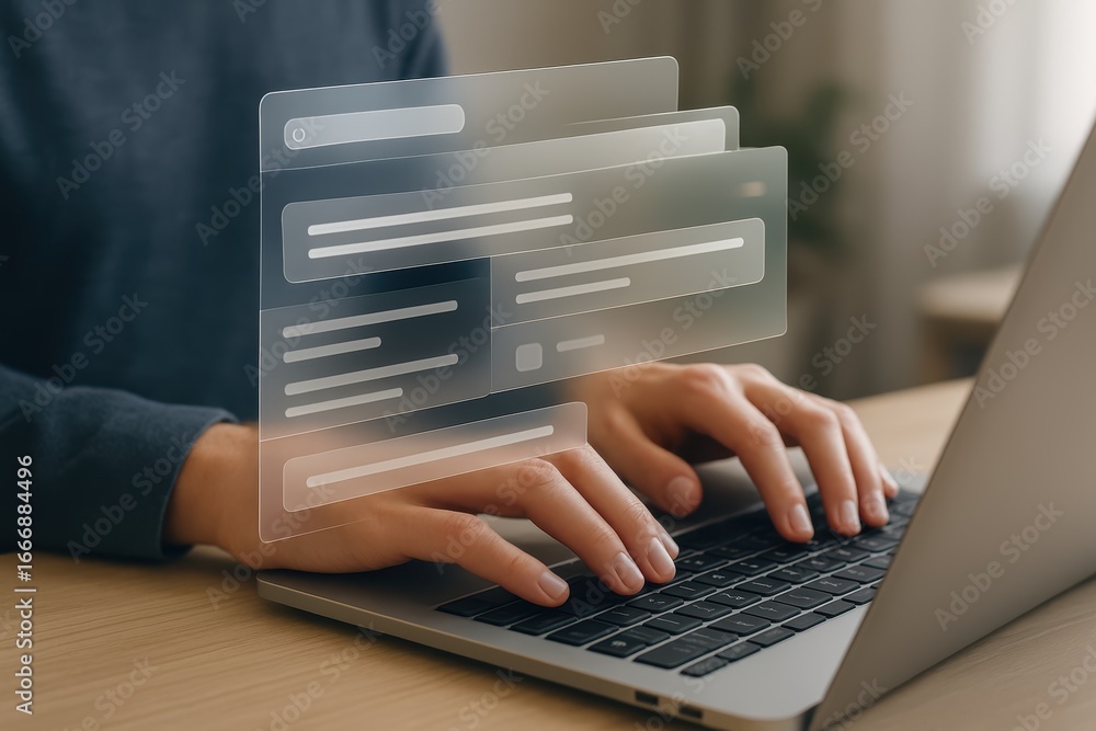Aufkleber data entry: focused shot of a person at a laptop, engaging in digital work with transparent data inp