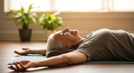 Senior woman relaxing in savasana yoga pose on a mat at home, enjoying peaceful meditation and stress relief in a sunlit room.