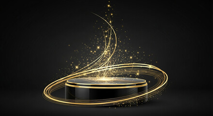 Black pedestal with gold trim, surrounded by sparkling gold swirls. A promotional image to show off a product.