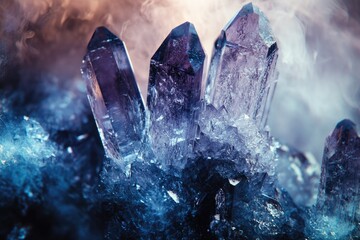 Obraz premium Stunning blue and purple crystals emerge from smoky depths, showcasing intricate formations and mesmerizing light.