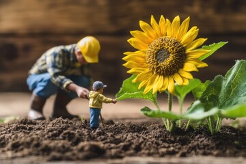 Miniature figures tending a vibrant sunflower, symbolizing growth and nurturing.