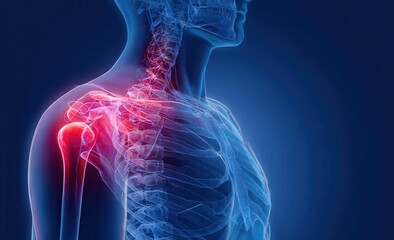 Human shoulder anatomy with highlighted pain and inflammation in the rotator cuff
