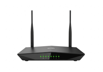 Black wireless internet router with antennas isolated on transparent background