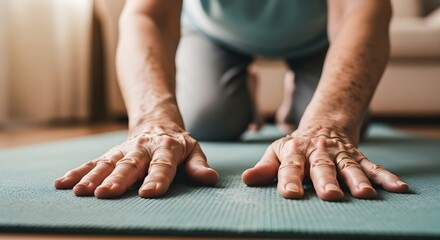 Close-up of an elderly person's hands pressing firmly onto a blue yoga mat, demonstrating mindful exercise and active senior wellness at home.