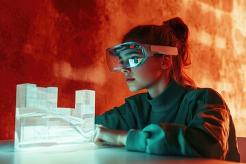 A young woman wearing futuristic glasses interacts with a digital architectural model, showcasing advanced technology and design.
