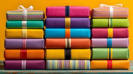 Stacked colorful gift boxes with diverse ribbons and patterns, in vibrant pinks, blues, greens, and yellows, for festive celebrations and thoughtful presents.
