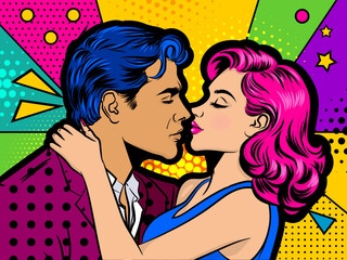 A colorful pop-art illustration depicting a passionate kiss between a man and woman, set against a vibrant geometric background in vector