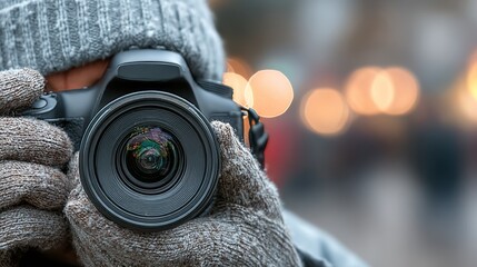Focused photographer capturing moments with a DSLR camera against a blurred urban bokeh background.