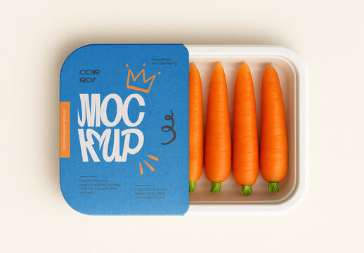 Food Tray Packaging Mockup &ndash; Realistic Fresh Carrot Container with Label Design