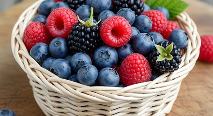 Obraz premium Close-up of a woven basket overflowing with fresh raspberries, blueberries, and blackberries, a healthy fruit assortment.