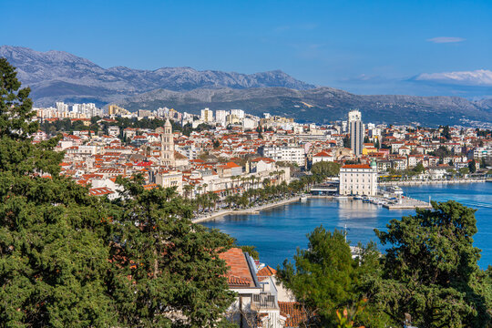 Split, Croatia, 2 April 2025 - Overiew of the harbour of Split in summertime