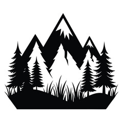 Fototapeta premium Black and White Mountain Scene with Trees and Grass Vector Silhouette Graphic