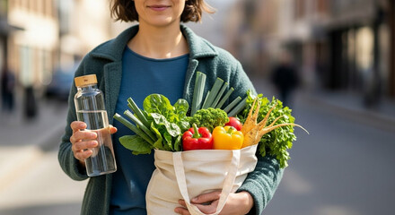 Woman holding reusable cotton bag with vegetables, symbol of eco-friendly sustainable lifestyle
