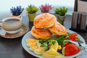 breakfast plate, Turkish breakfast, pastry, egg, tea

