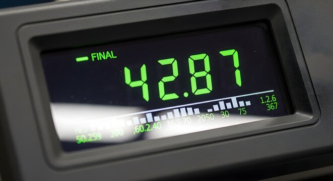 Close-up of a digital display showing a final measurement of 42.87, suggesting scientific research, laboratory analysis, or precision engineering.