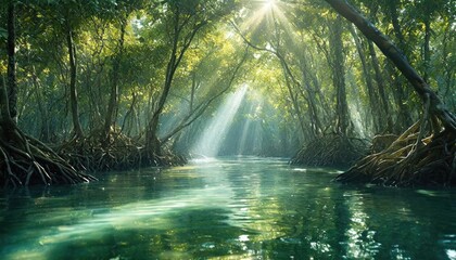 Obraz premium Sunlight streams through dense mangrove forest over a calm river in a tranquil tropical setting