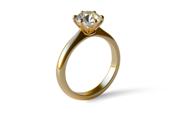 Close-up view of a gold ring with a rough cut diamond on a transparent background