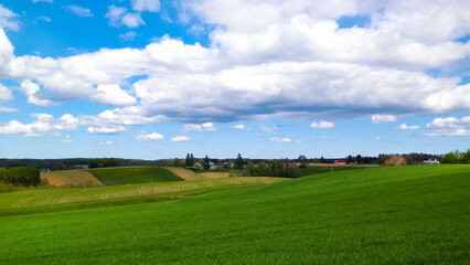Green fields and hills in Wiezyca, Kashubian Region, Poland.
